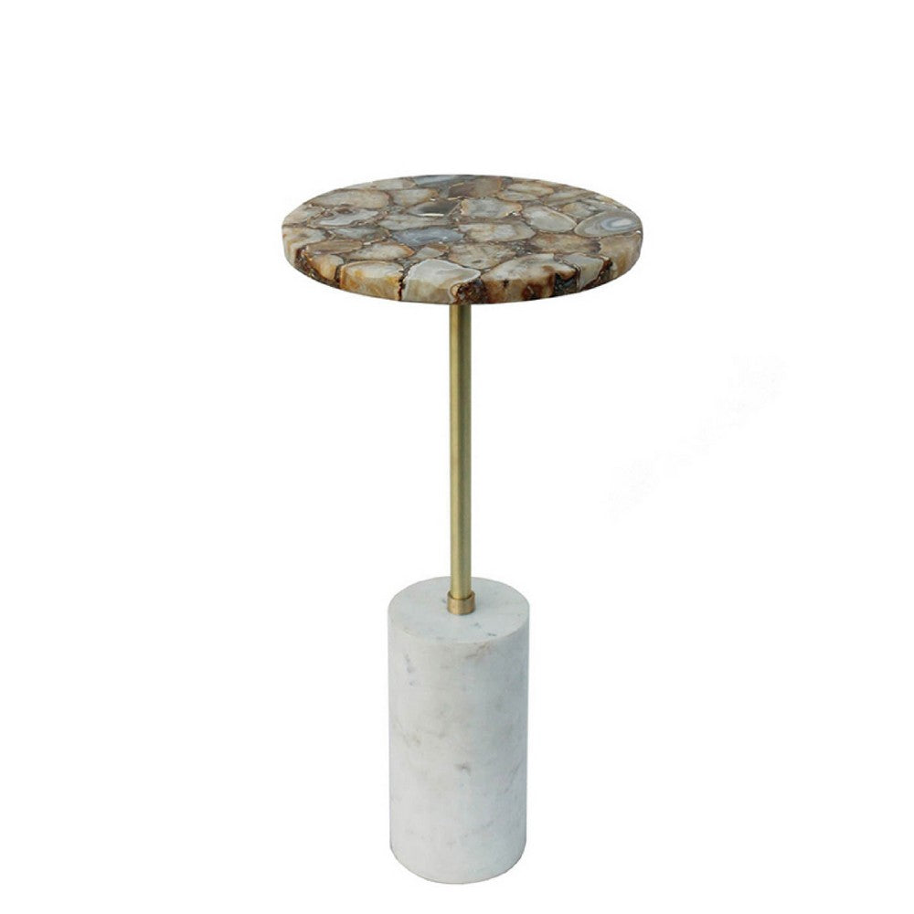 Lima Side End Table | 12" Round Brown Agate | Marble Cylinder Base
