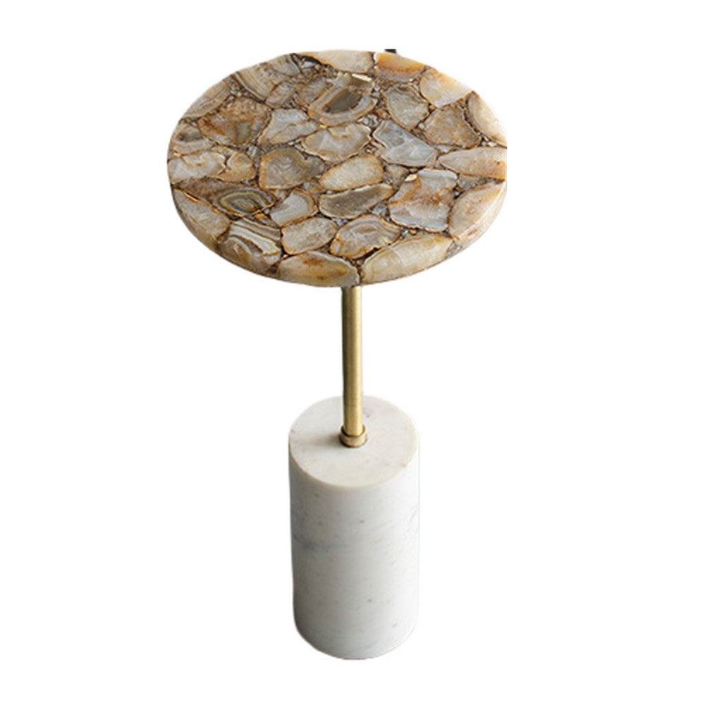 Lima Side End Table | 12" Round Brown Agate | Marble Cylinder Base