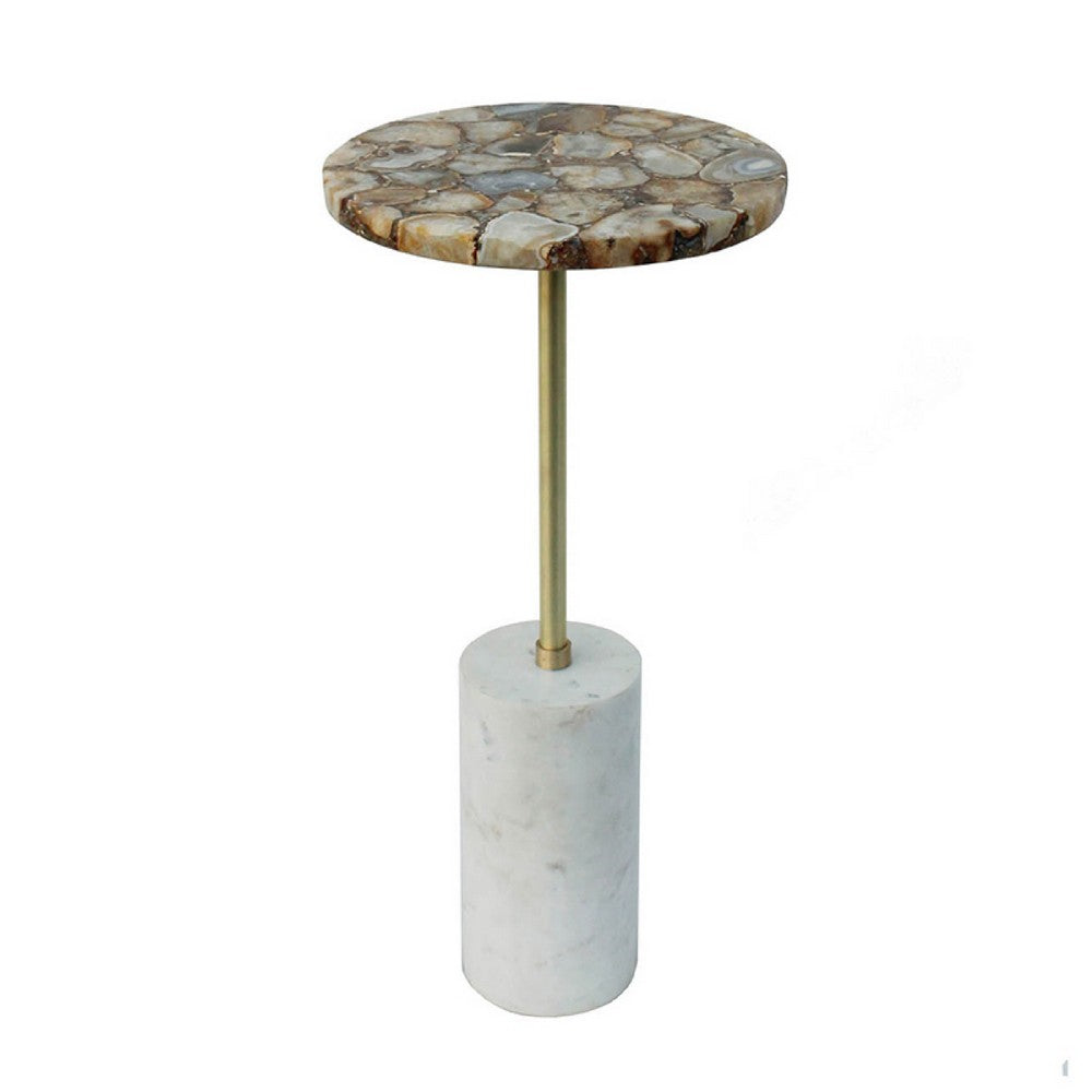 Lima Side End Table | 12" Round Brown Agate | Marble Cylinder Base