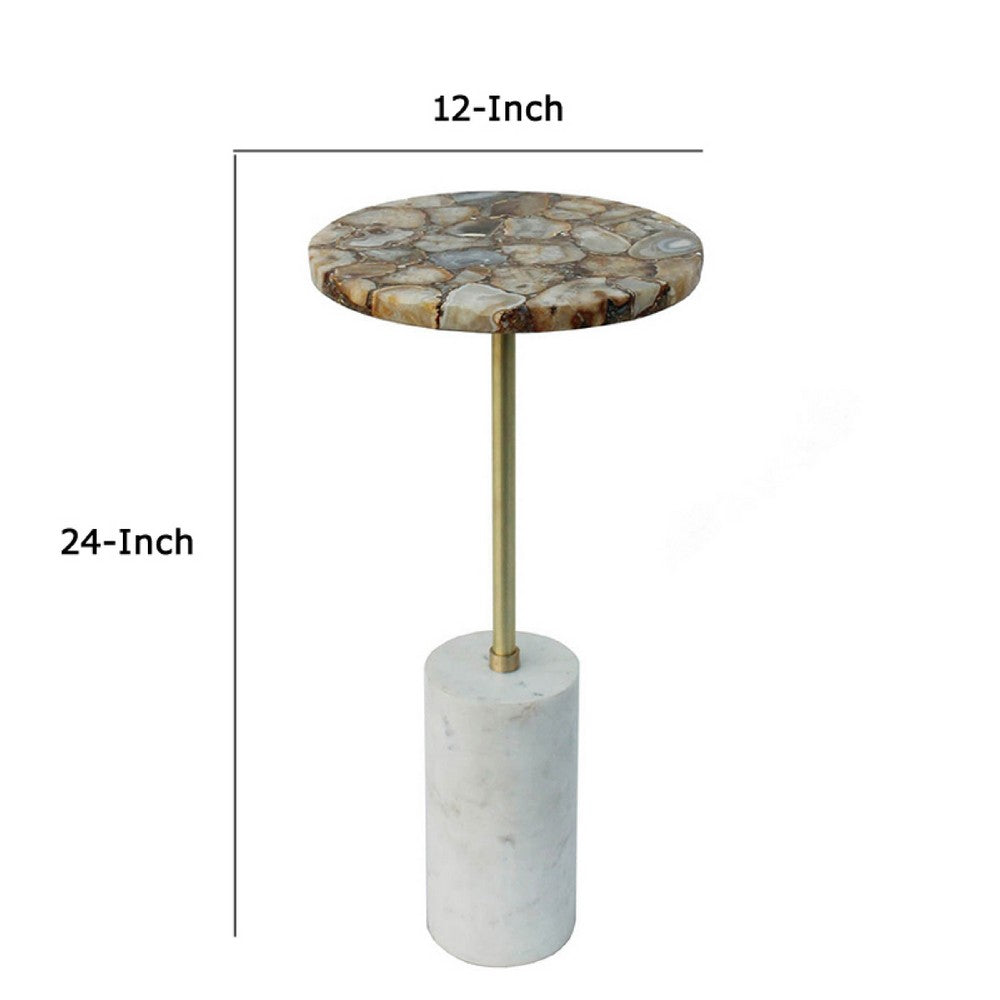 Lima Side End Table | 12" Round Brown Agate | Marble Cylinder Base