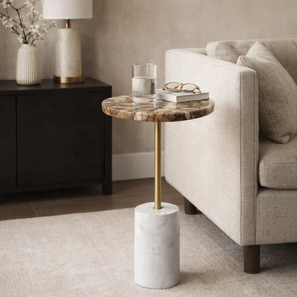 Lima Side End Table | 12" Round Brown Agate | Marble Cylinder Base