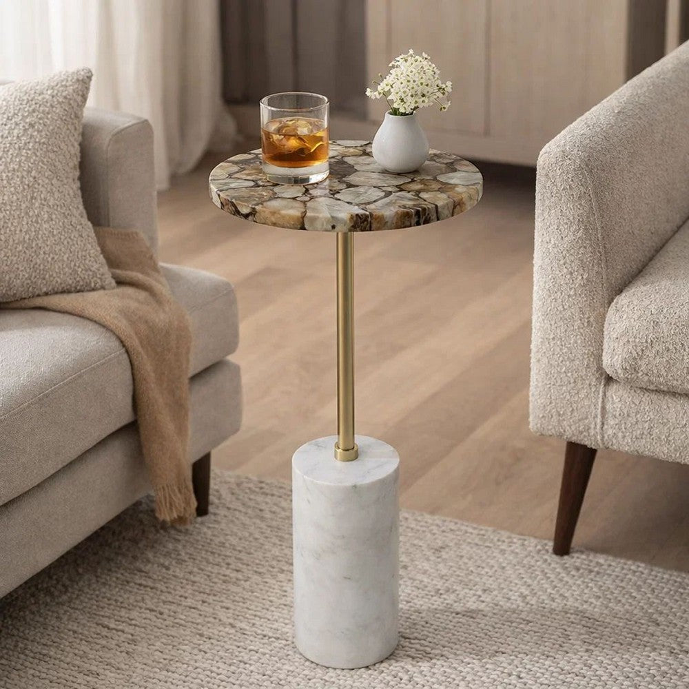 Lima Side End Table | 12" Round Brown Agate | Marble Cylinder Base