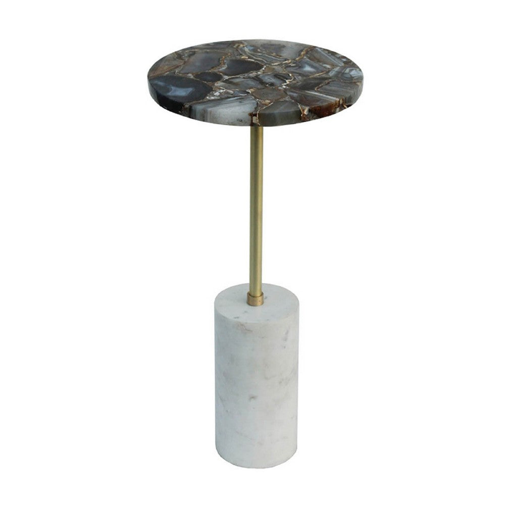 Lima Side End Table | 12" Round Black Agate | Marble Cylinder Base