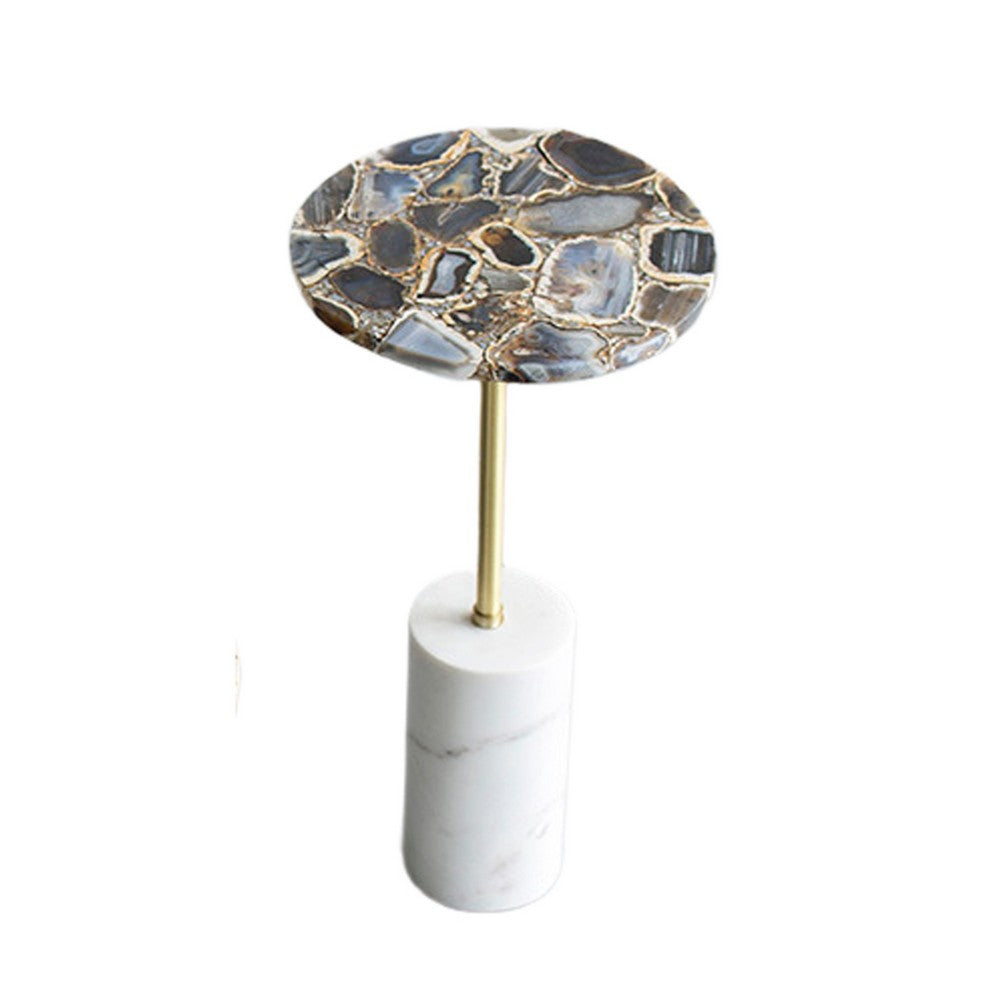Lima Side End Table | 12" Round Black Agate | Marble Cylinder Base