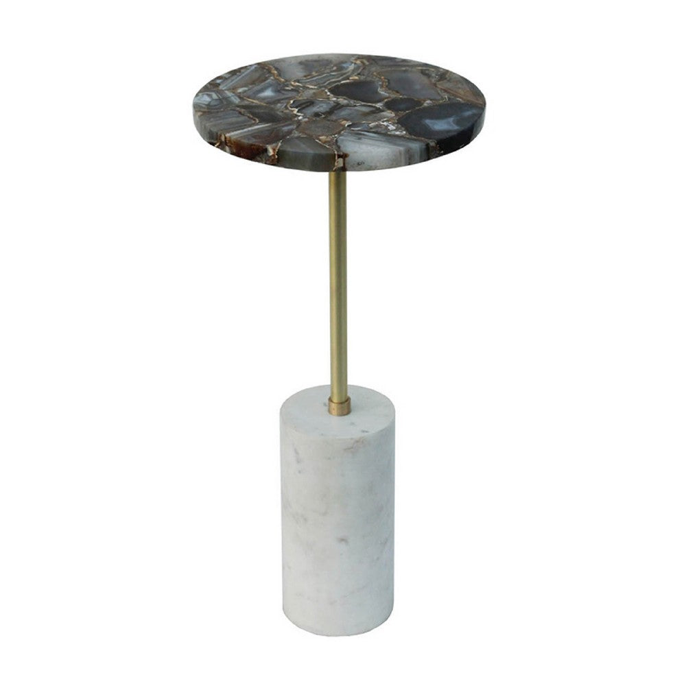 Lima Side End Table | 12" Round Black Agate | Marble Cylinder Base