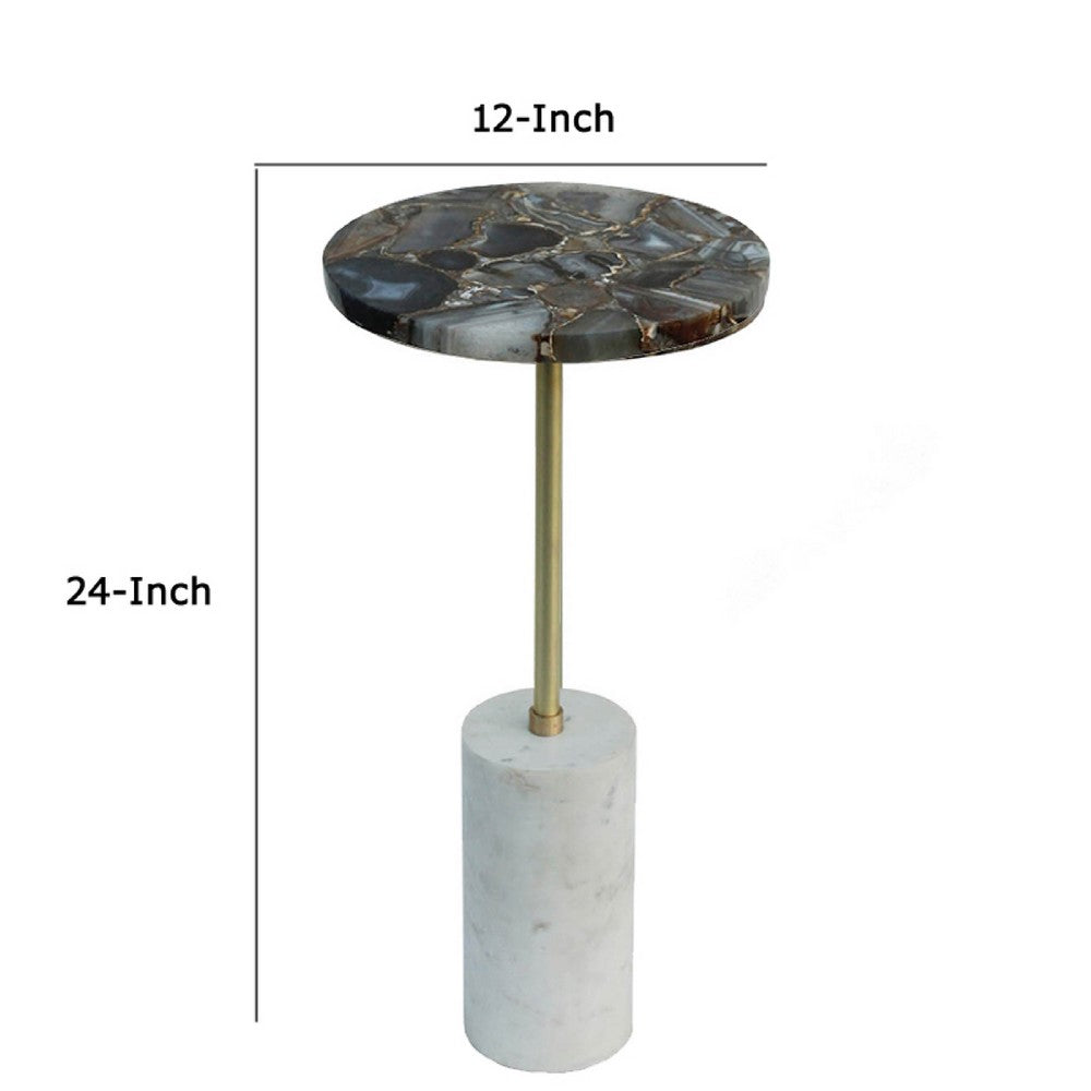 Lima Side End Table | 12" Round Black Agate | Marble Cylinder Base