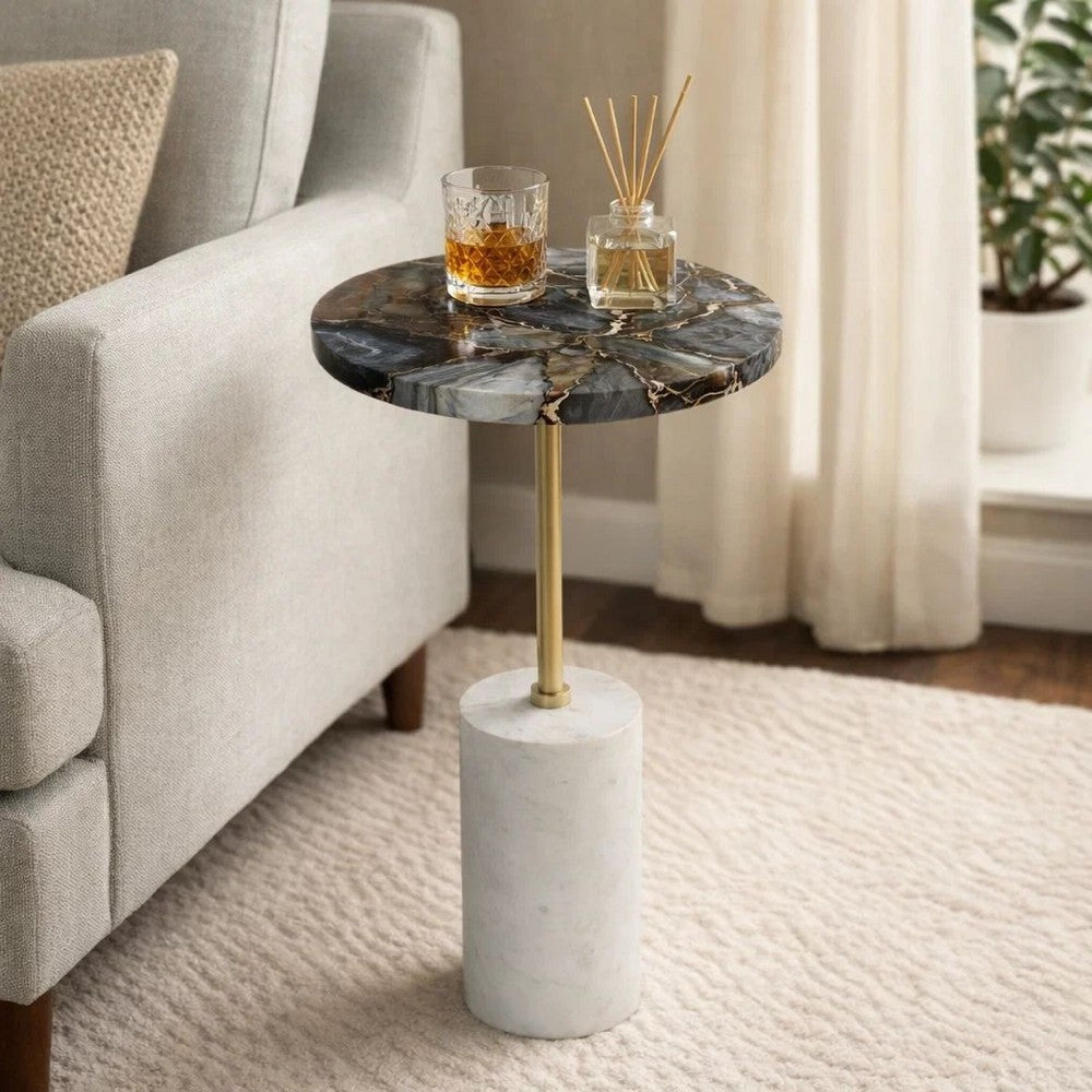 Lima Side End Table | 12" Round Black Agate | Marble Cylinder Base