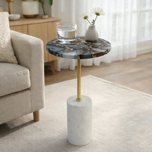 Lima Side End Table | 12" Round Black Agate | Marble Cylinder Base