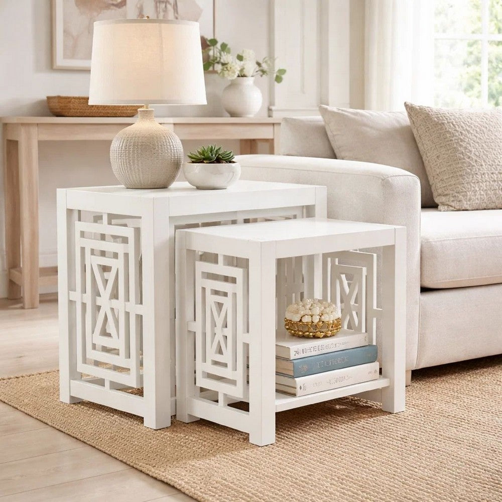 Sumo 2pc Nesting Stool Set | Rectangular Top | Lattice Cutout Sides | White