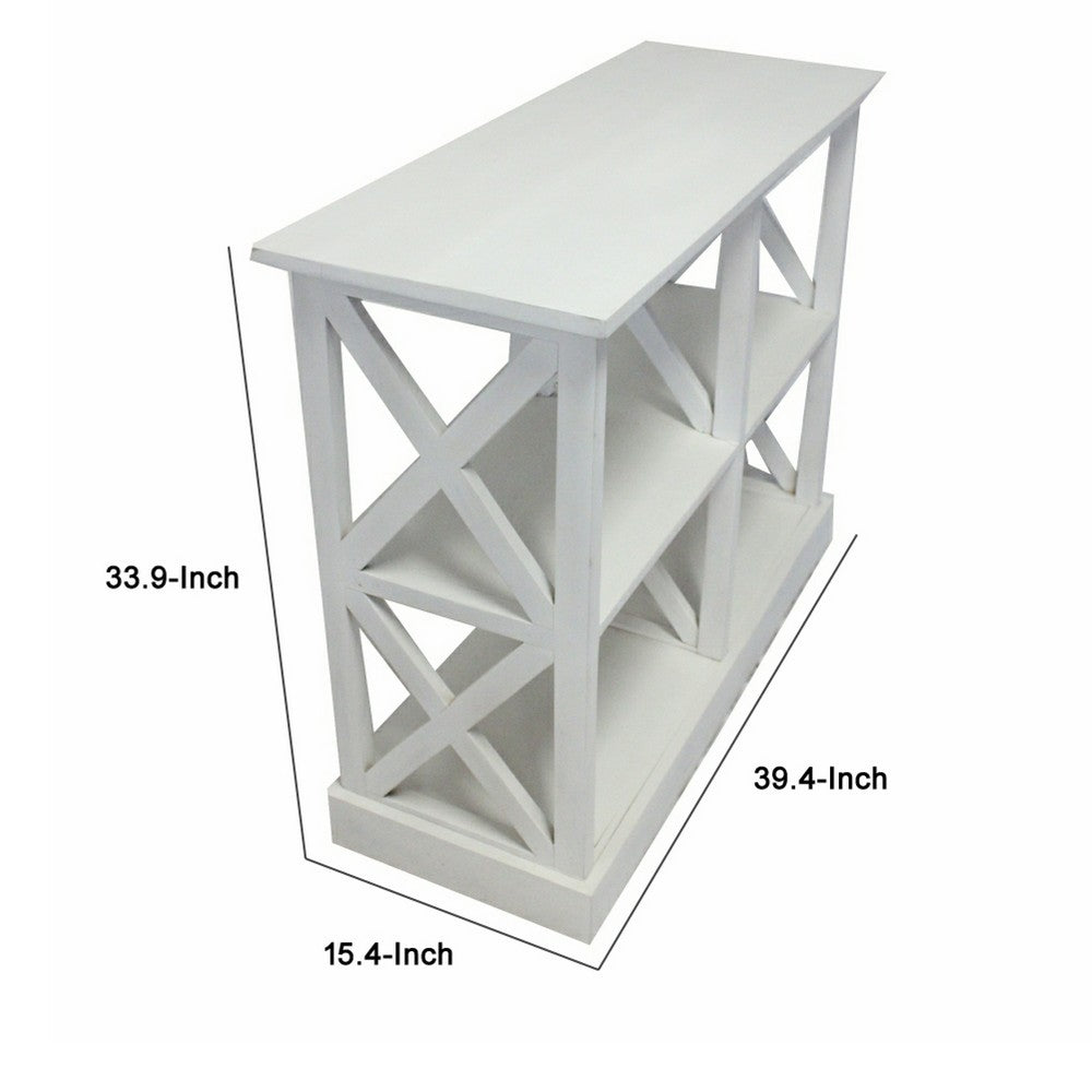 Console Table w 3-Tier Design | X Cutout Sides | White Wood 39"