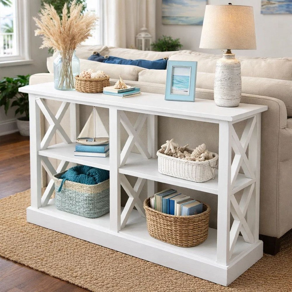 Console Table w 3-Tier Design | X Cutout Sides | White Wood 39"