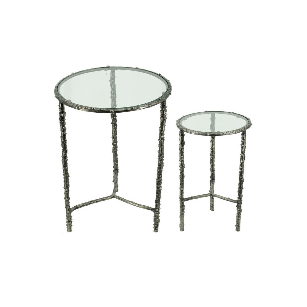 2pc End Table Set | Round Glass Top | Forged Antique Silver Metal Finish