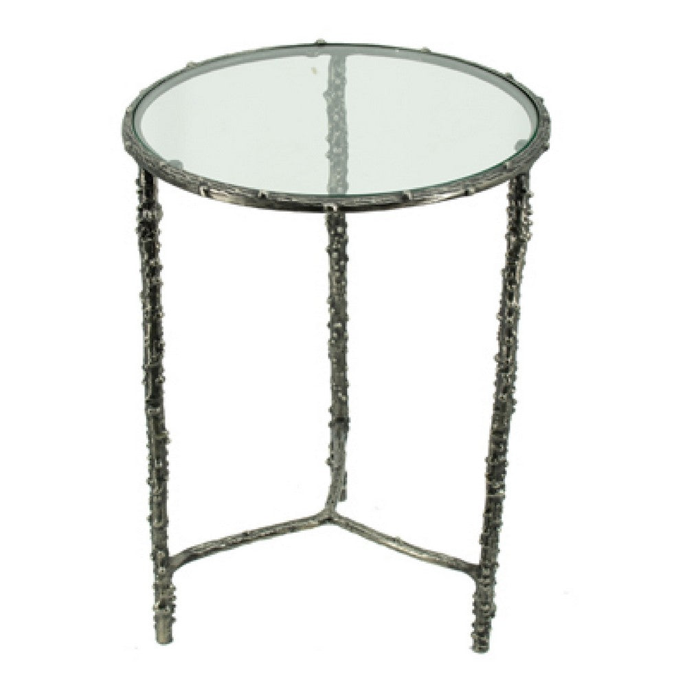 2pc End Table Set | Round Glass Top | Forged Antique Silver Metal Finish