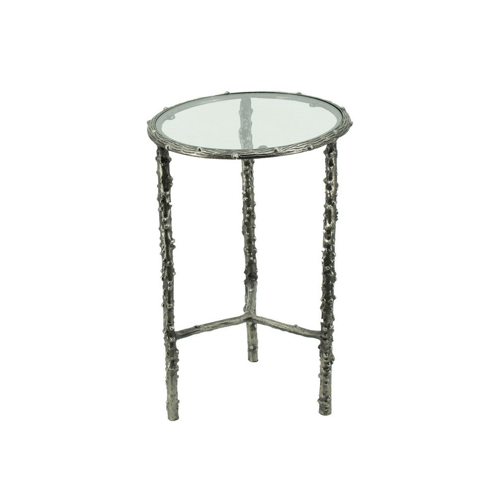 2pc End Table Set | Round Glass Top | Forged Antique Silver Metal Finish