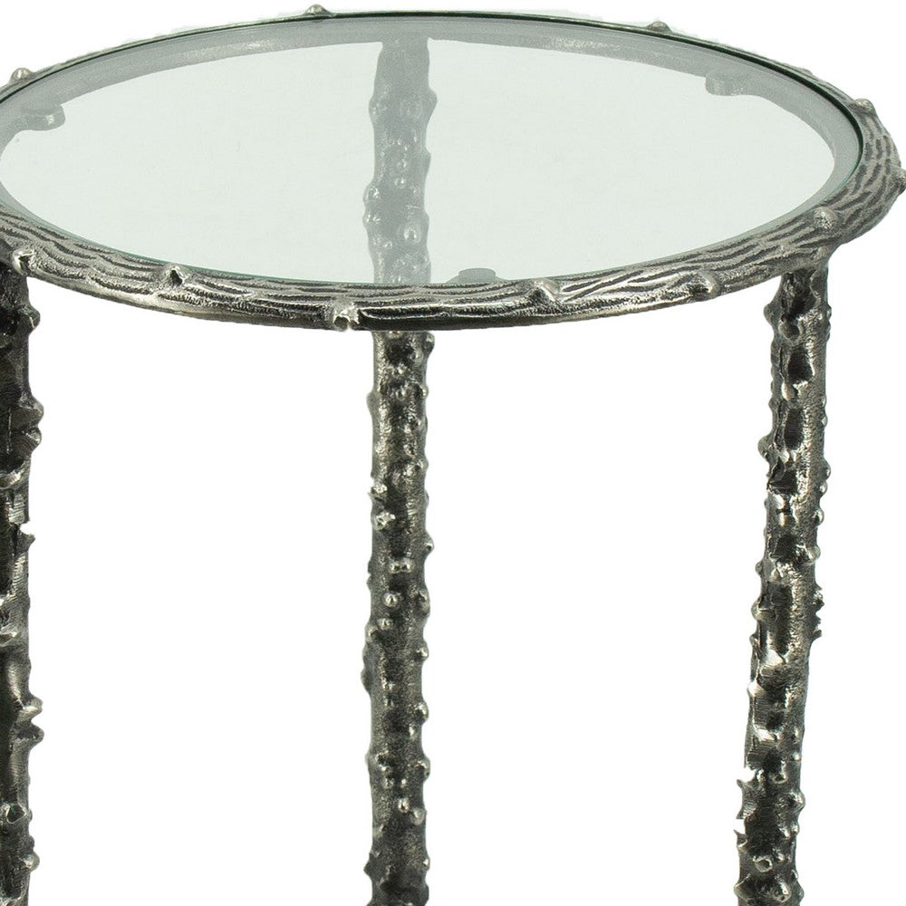 2pc End Table Set | Round Glass Top | Forged Antique Silver Metal Finish