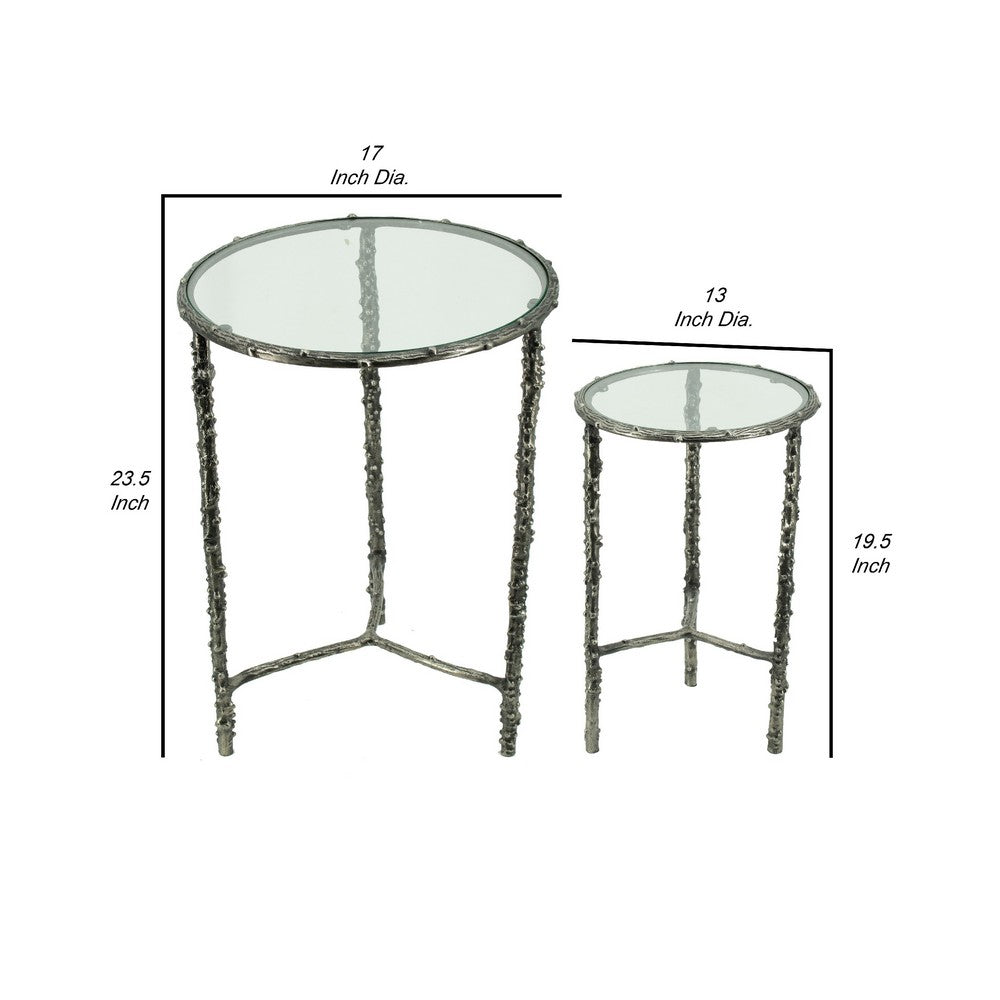 2pc End Table Set | Round Glass Top | Forged Antique Silver Metal Finish