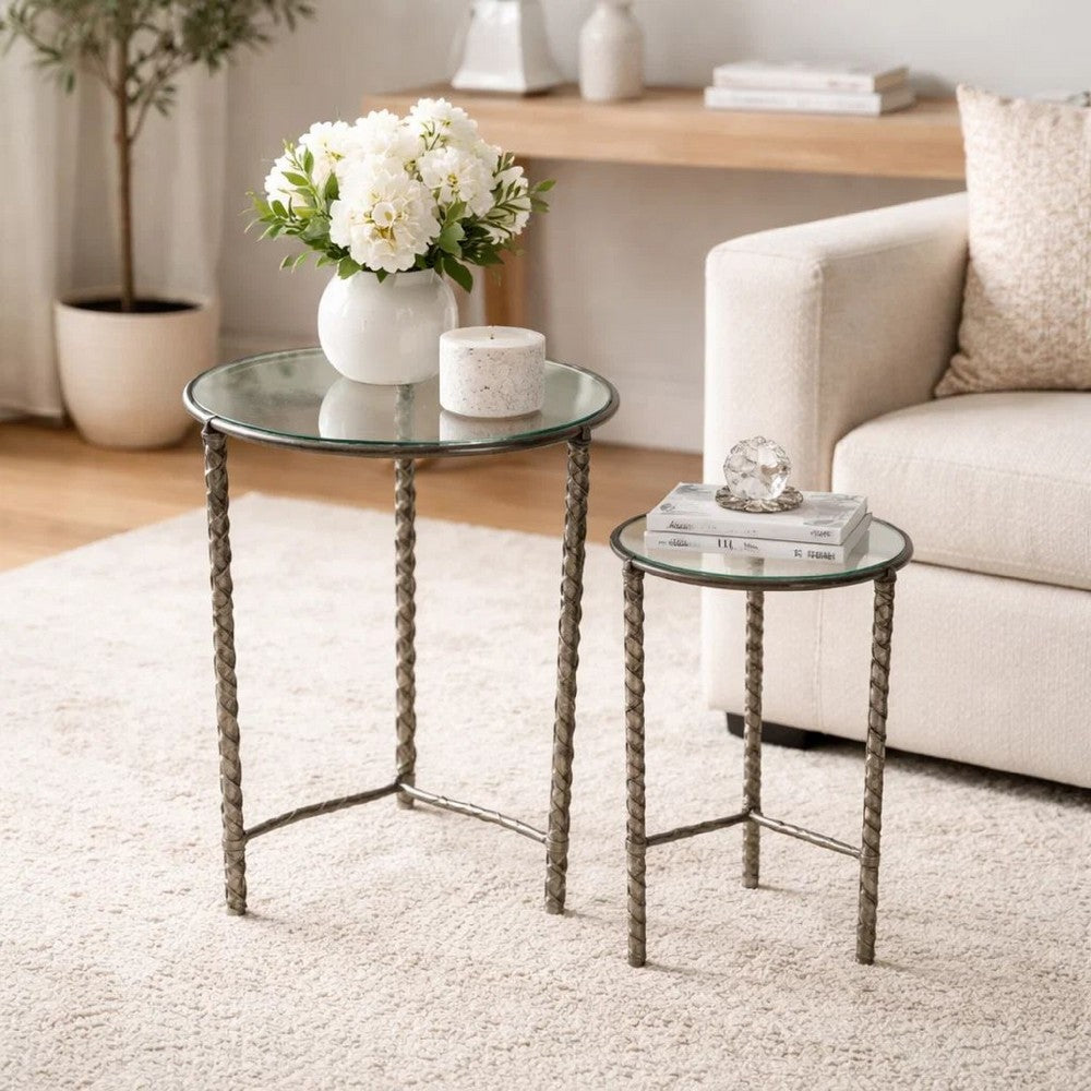 2pc End Table Set | Round Glass Top | Forged Antique Silver Metal Finish