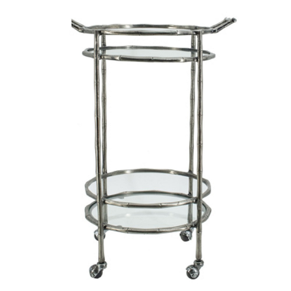 2 Tier Rolling Bar Cart | Glass Shelves | 30" Bamboo Design Silver Metal