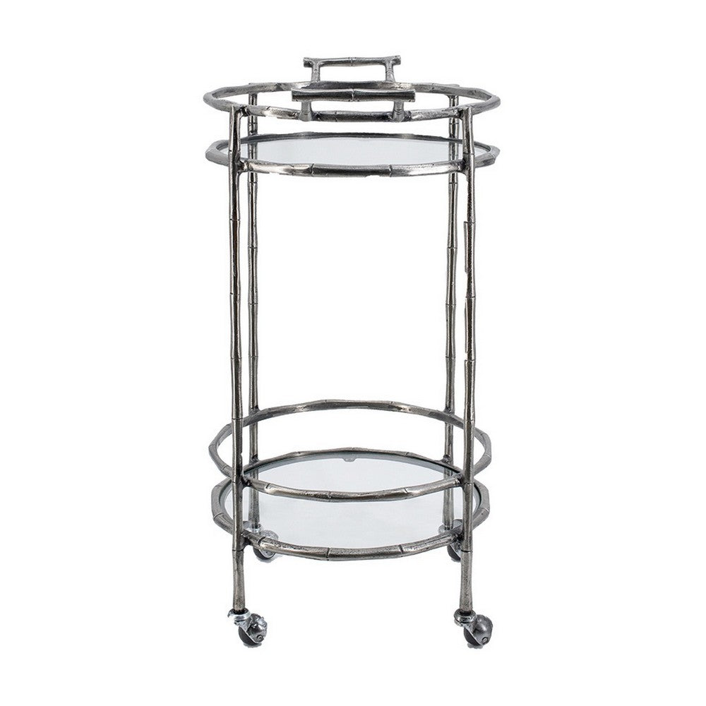 2 Tier Rolling Bar Cart | Glass Shelves | 30" Bamboo Design Silver Metal