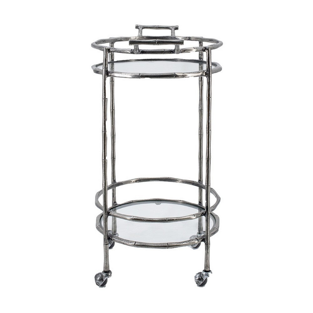 2 Tier Rolling Bar Cart | Glass Shelves | 30" Bamboo Design Silver Metal