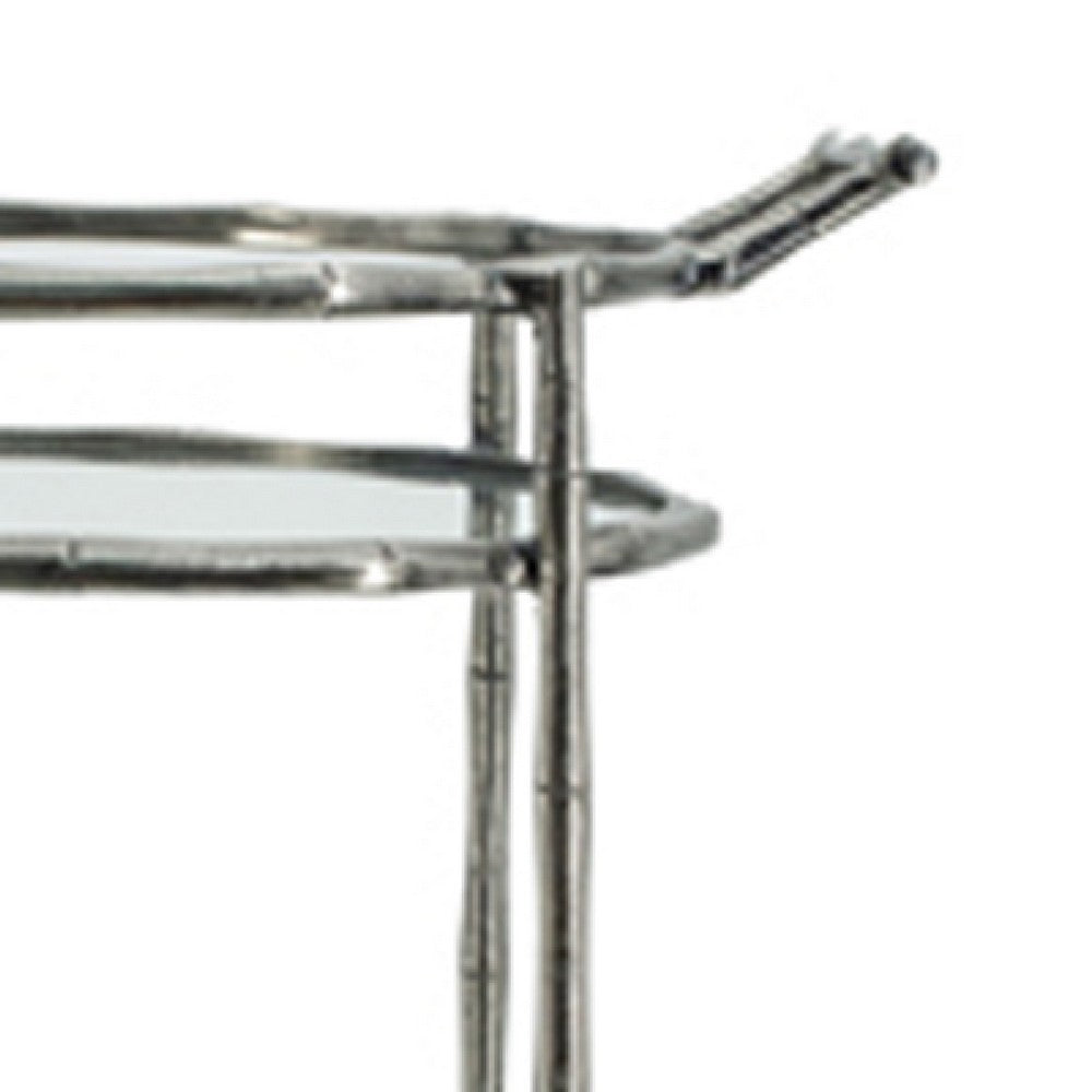 2 Tier Rolling Bar Cart | Glass Shelves | 30" Bamboo Design Silver Metal