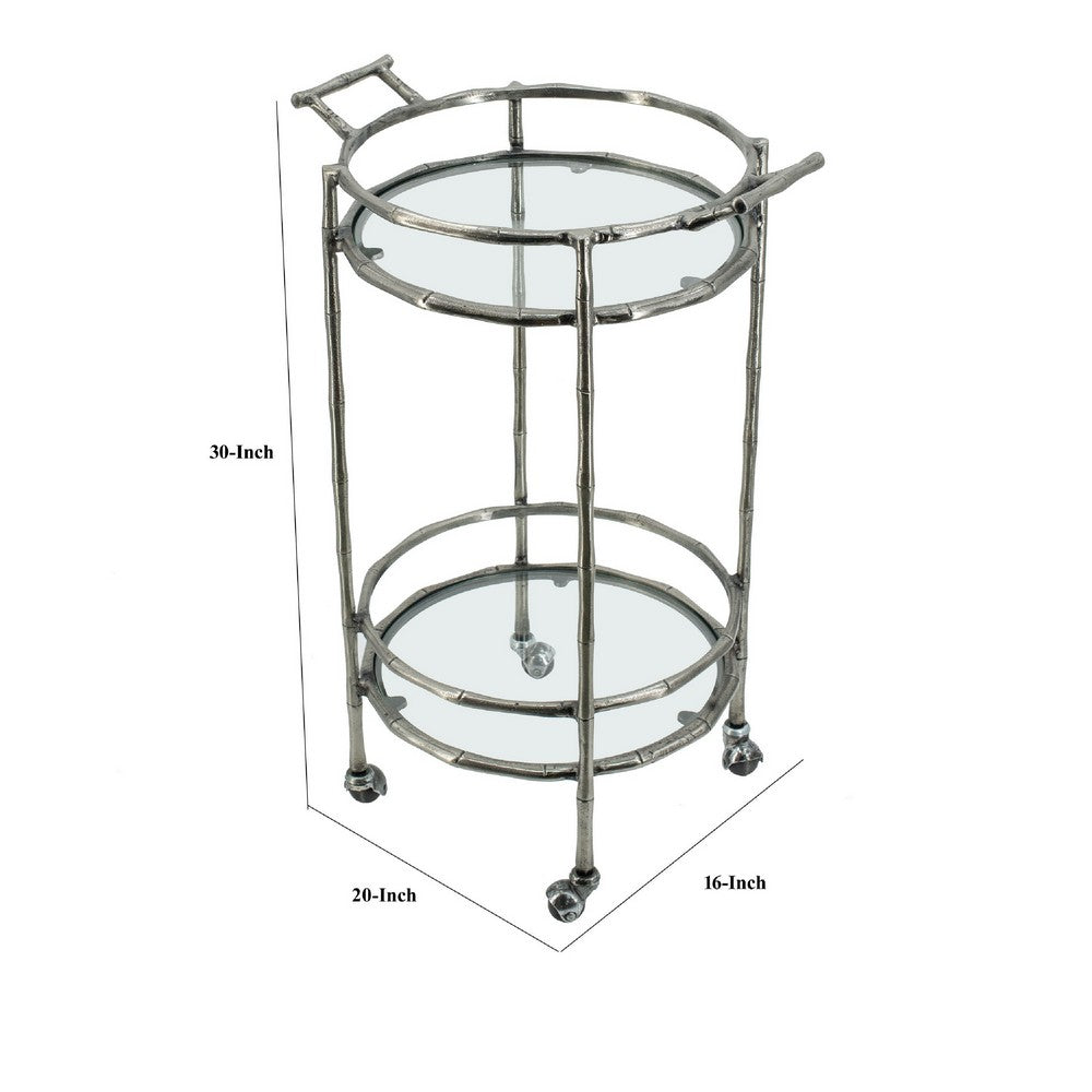 2 Tier Rolling Bar Cart | Glass Shelves | 30" Bamboo Design Silver Metal