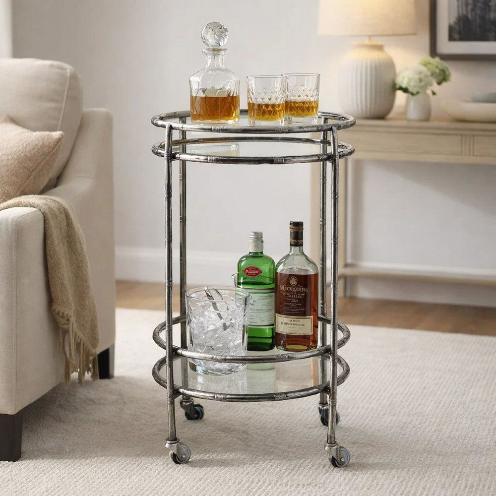2 Tier Rolling Bar Cart | Glass Shelves | 30" Bamboo Design Silver Metal