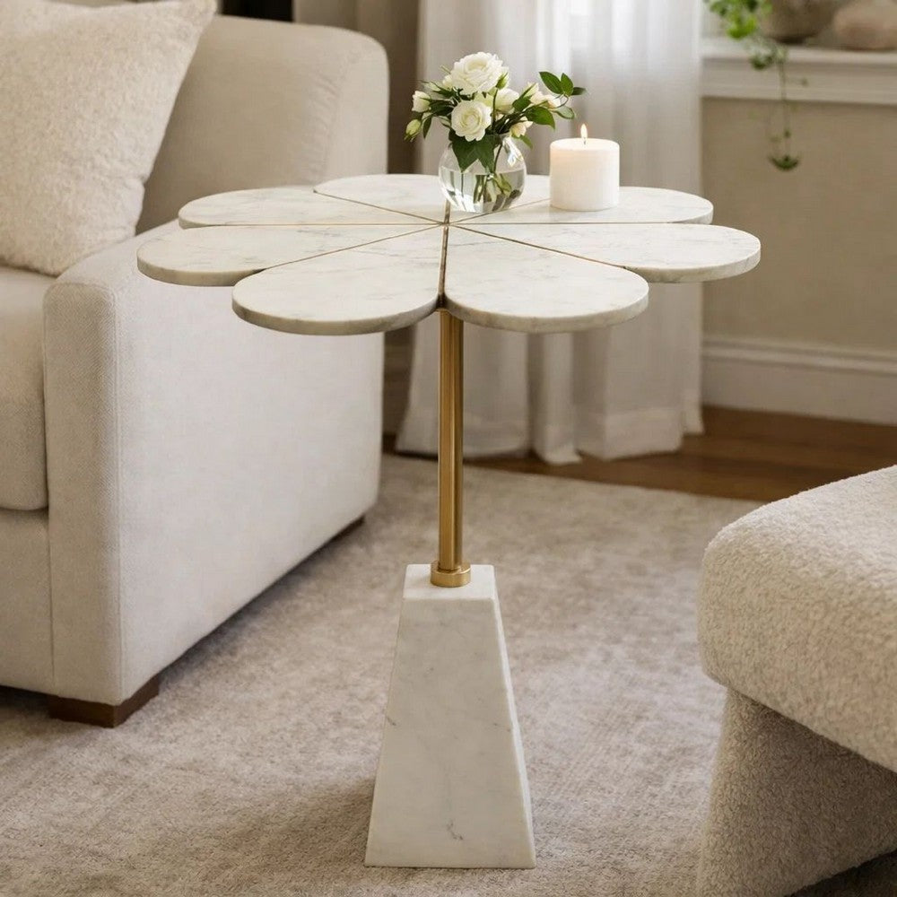 Gony Side End Table | 22" Flower Top | Gold Brass Inlay | White Marble