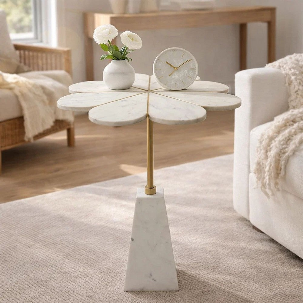 Gony Side End Table | 22" Flower Top | Gold Brass Inlay | White Marble