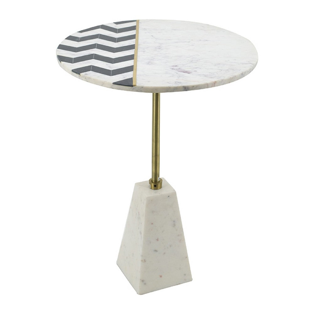 Gony Side End Table | 18" Round Zig Zag Top | Brass Inlay | White Marble
