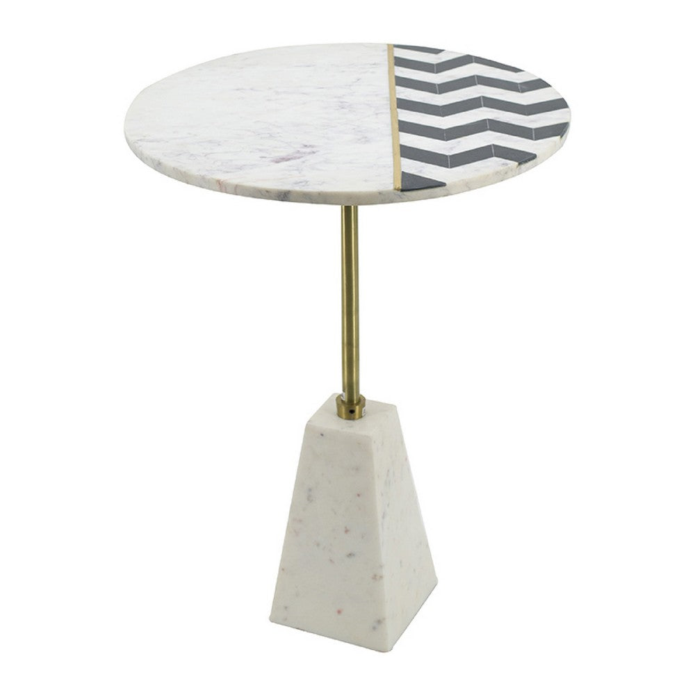 Gony Side End Table | 18" Round Zig Zag Top | Brass Inlay | White Marble