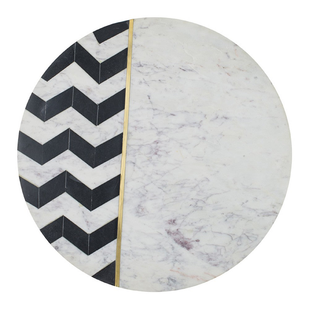 Gony Side End Table | 18" Round Zig Zag Top | Brass Inlay | White Marble