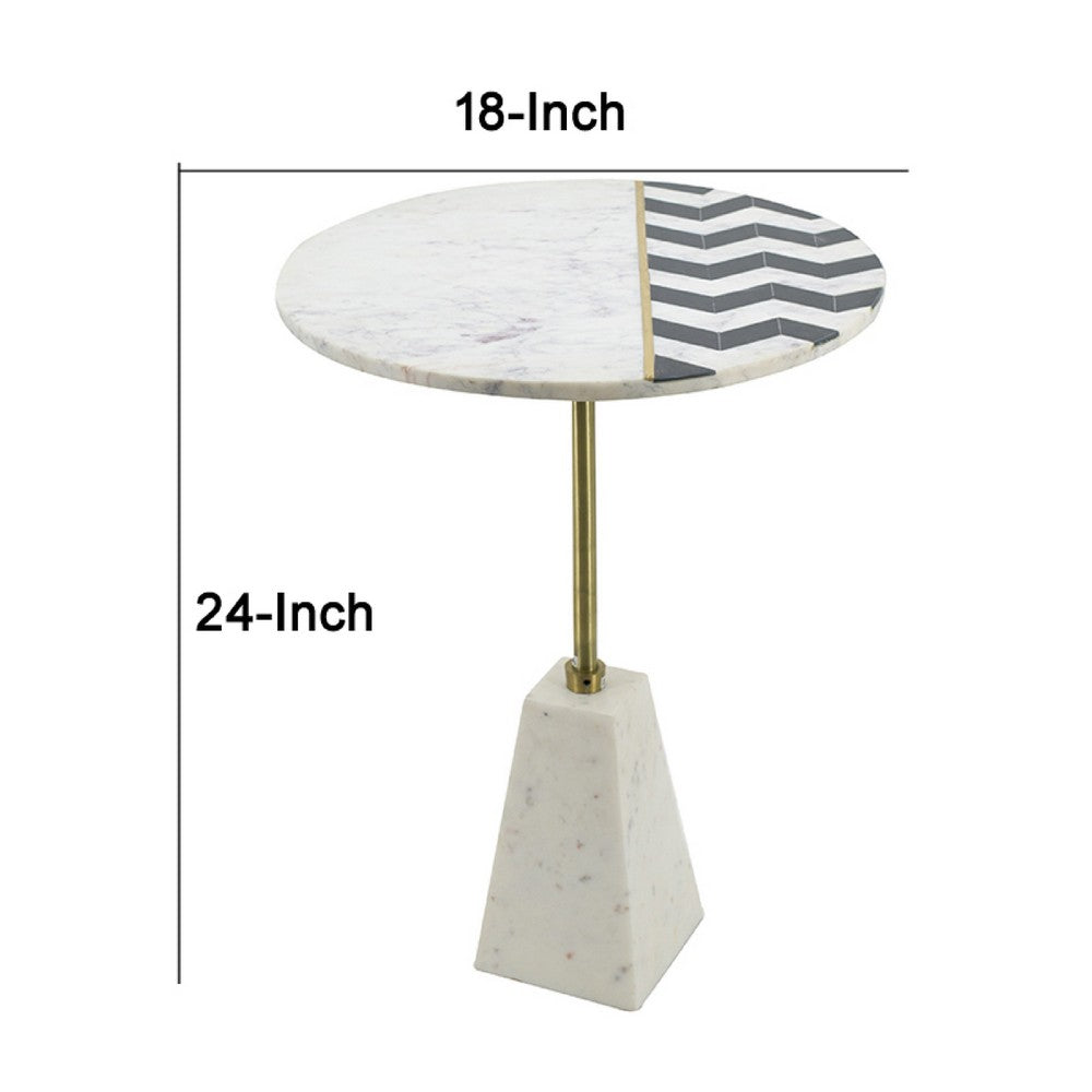 Gony Side End Table | 18" Round Zig Zag Top | Brass Inlay | White Marble