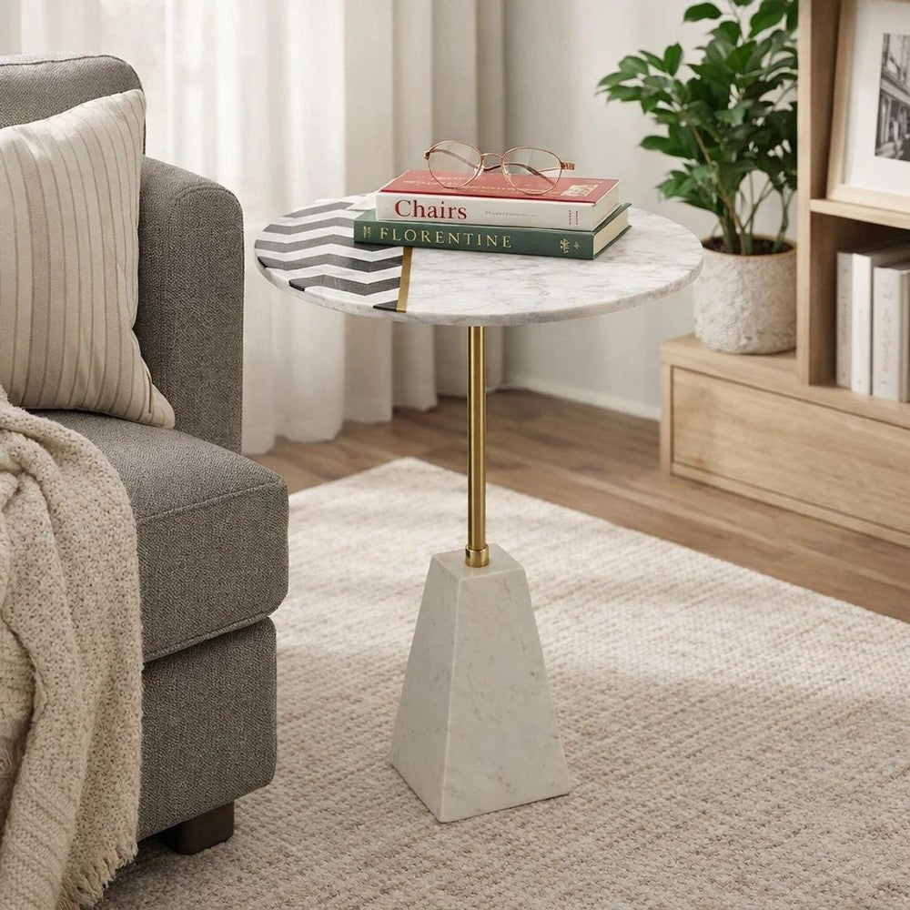 Gony Side End Table | 18" Round Zig Zag Top | Brass Inlay | White Marble