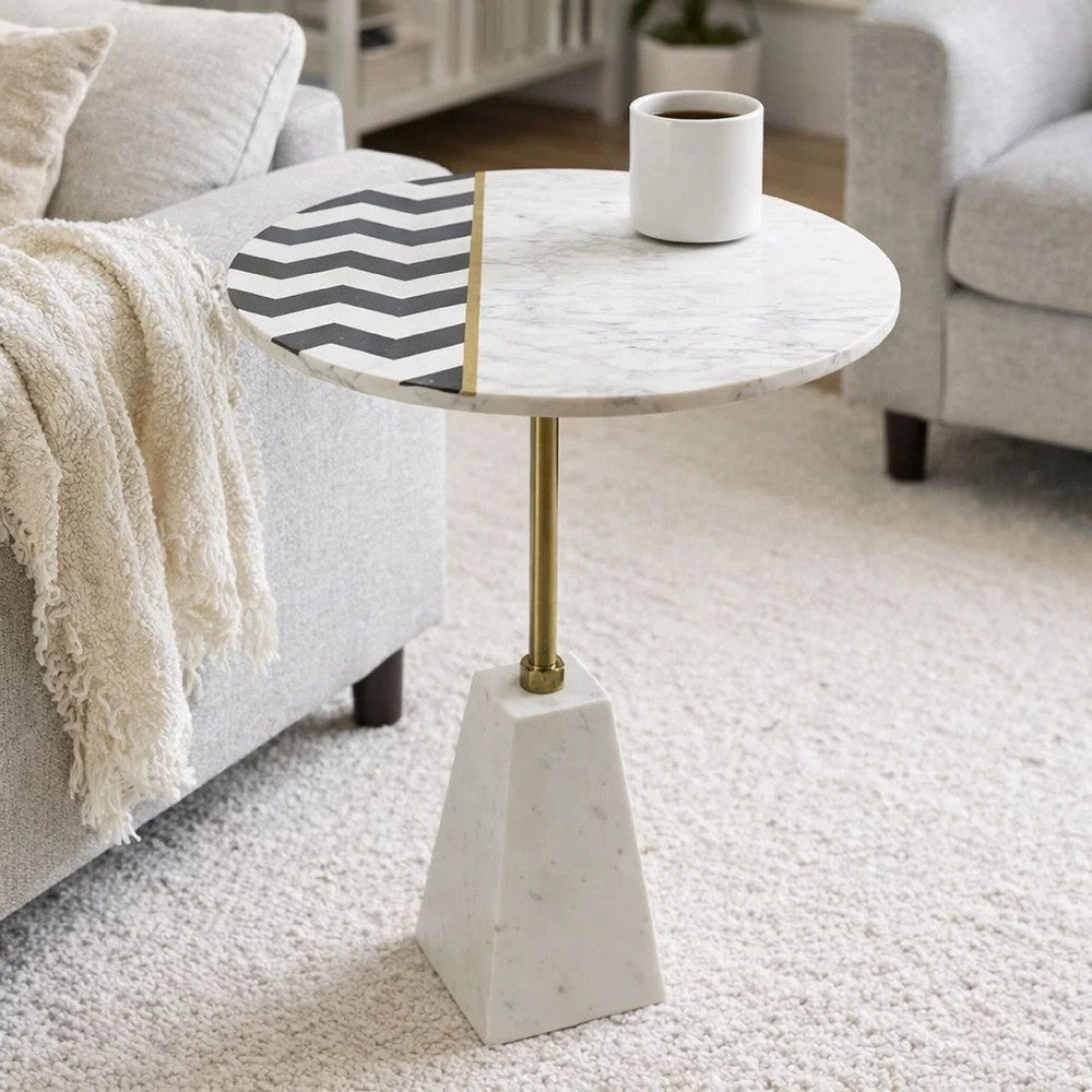 Gony Side End Table | 18" Round Zig Zag Top | Brass Inlay | White Marble