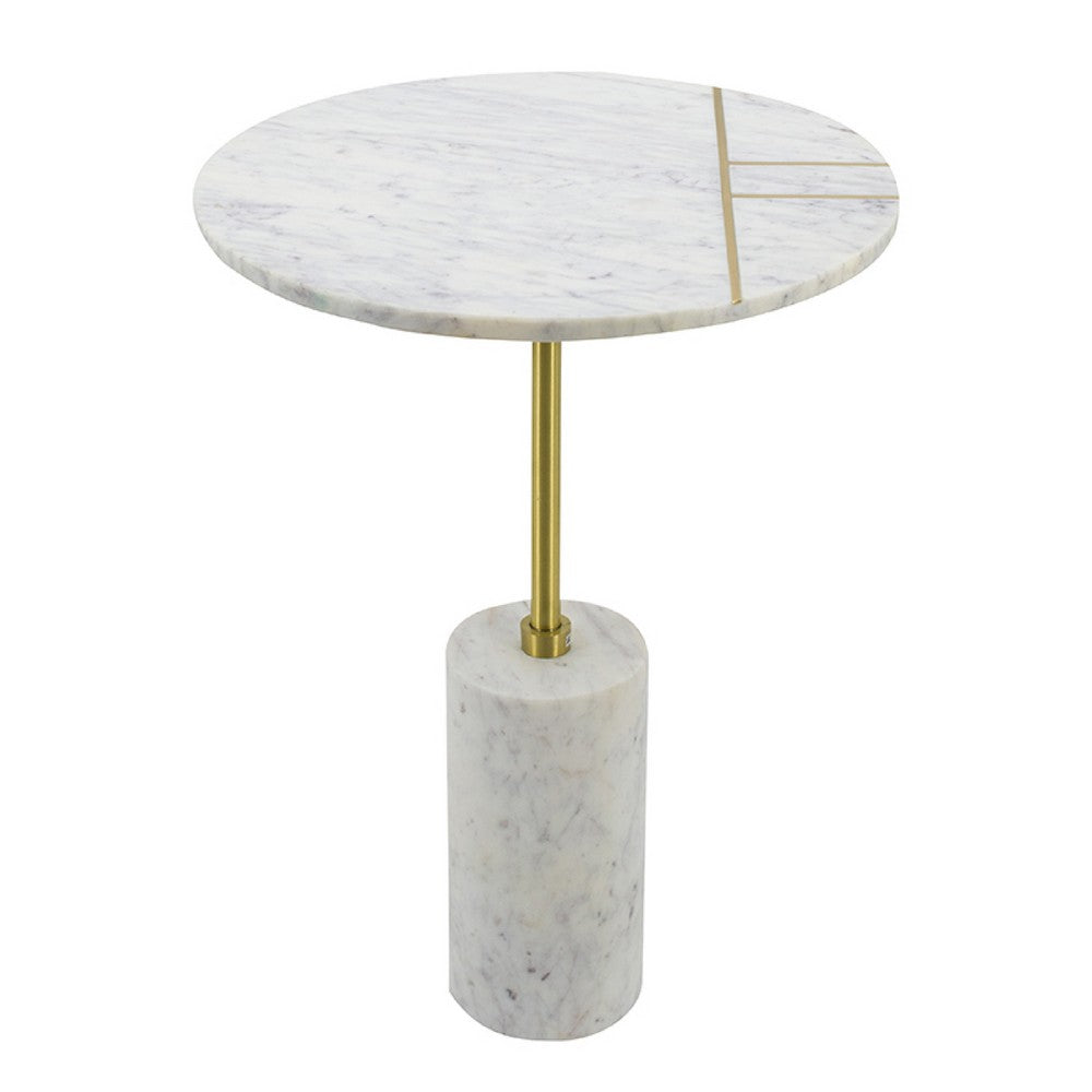 Gony Side End Table | 16" Round | Brass Inlay | White Marble Pedestal