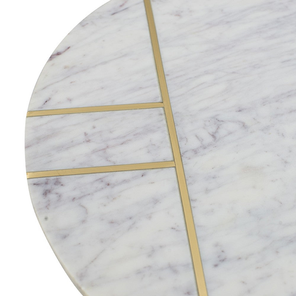 Gony Side End Table | 16" Round | Brass Inlay | White Marble Pedestal
