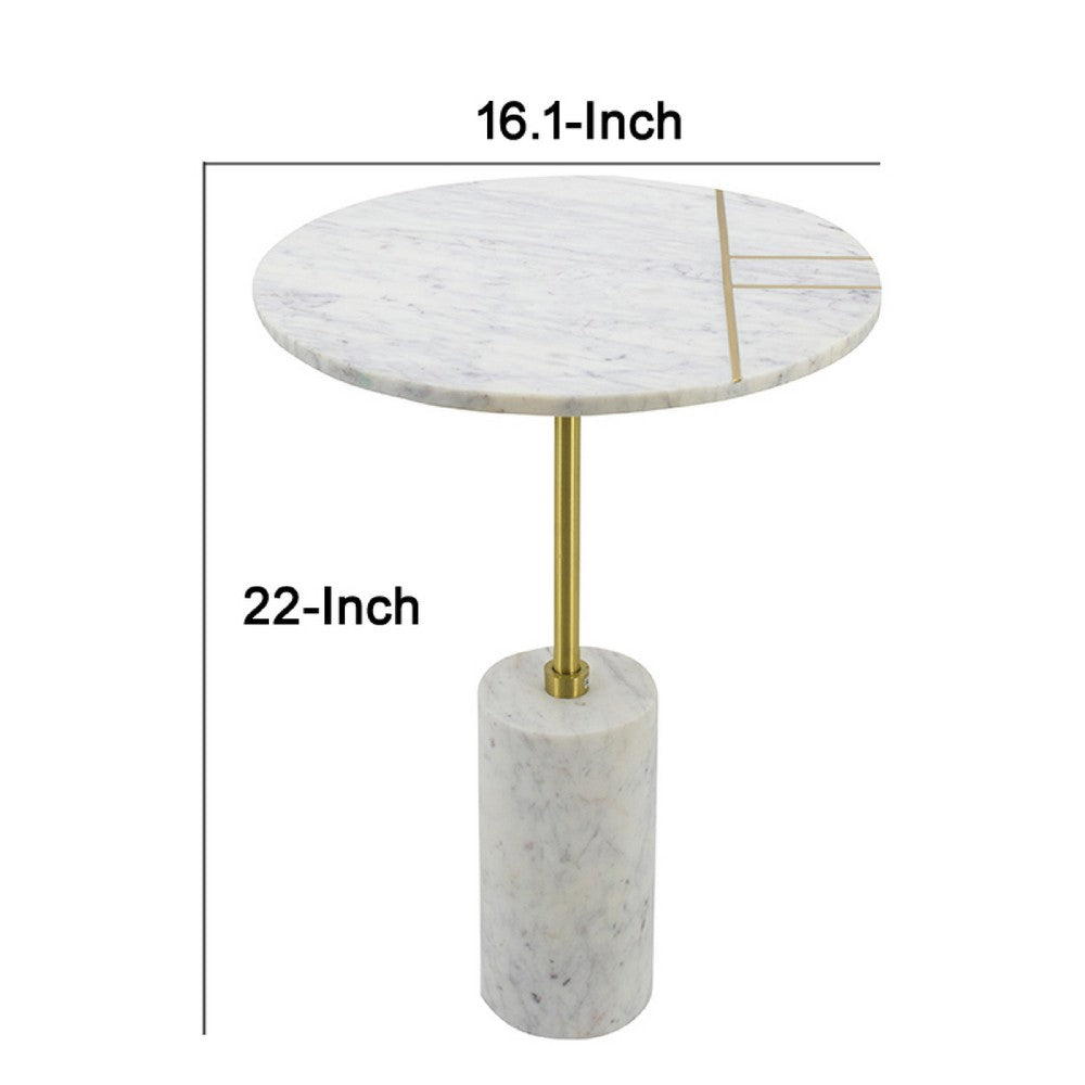 Gony Side End Table | 16" Round | Brass Inlay | White Marble Pedestal