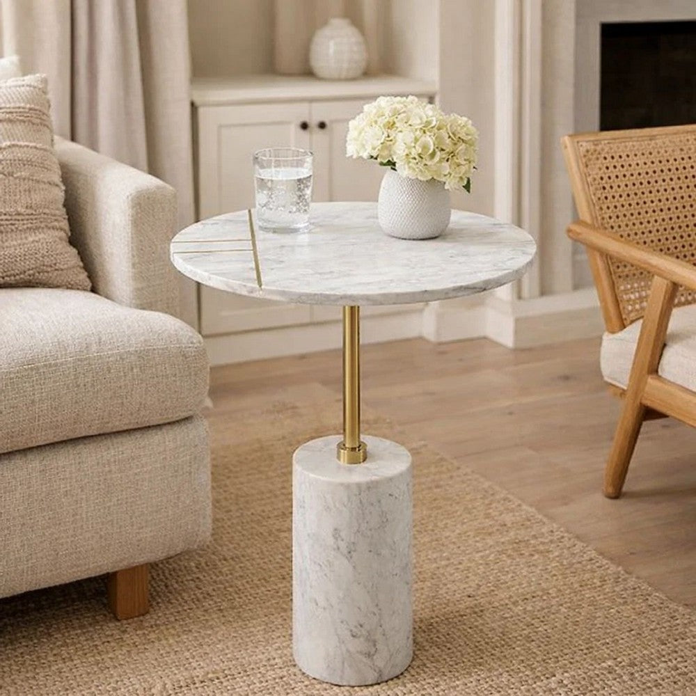 Gony Side End Table | 16" Round | Brass Inlay | White Marble Pedestal