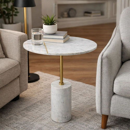 Gony Side End Table | 16" Round | Brass Inlay | White Marble Pedestal