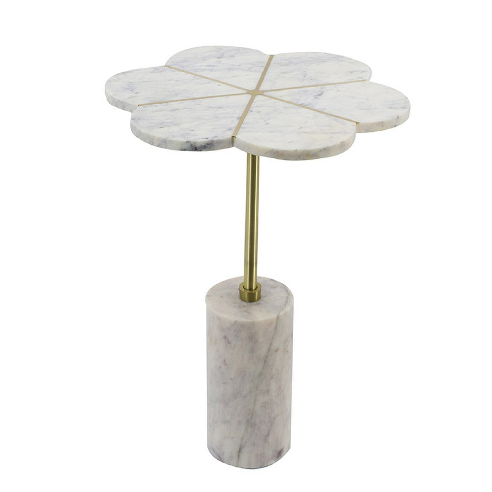 Gony Side End Table | 16" Flower Top | Brass Inlay | White Marble