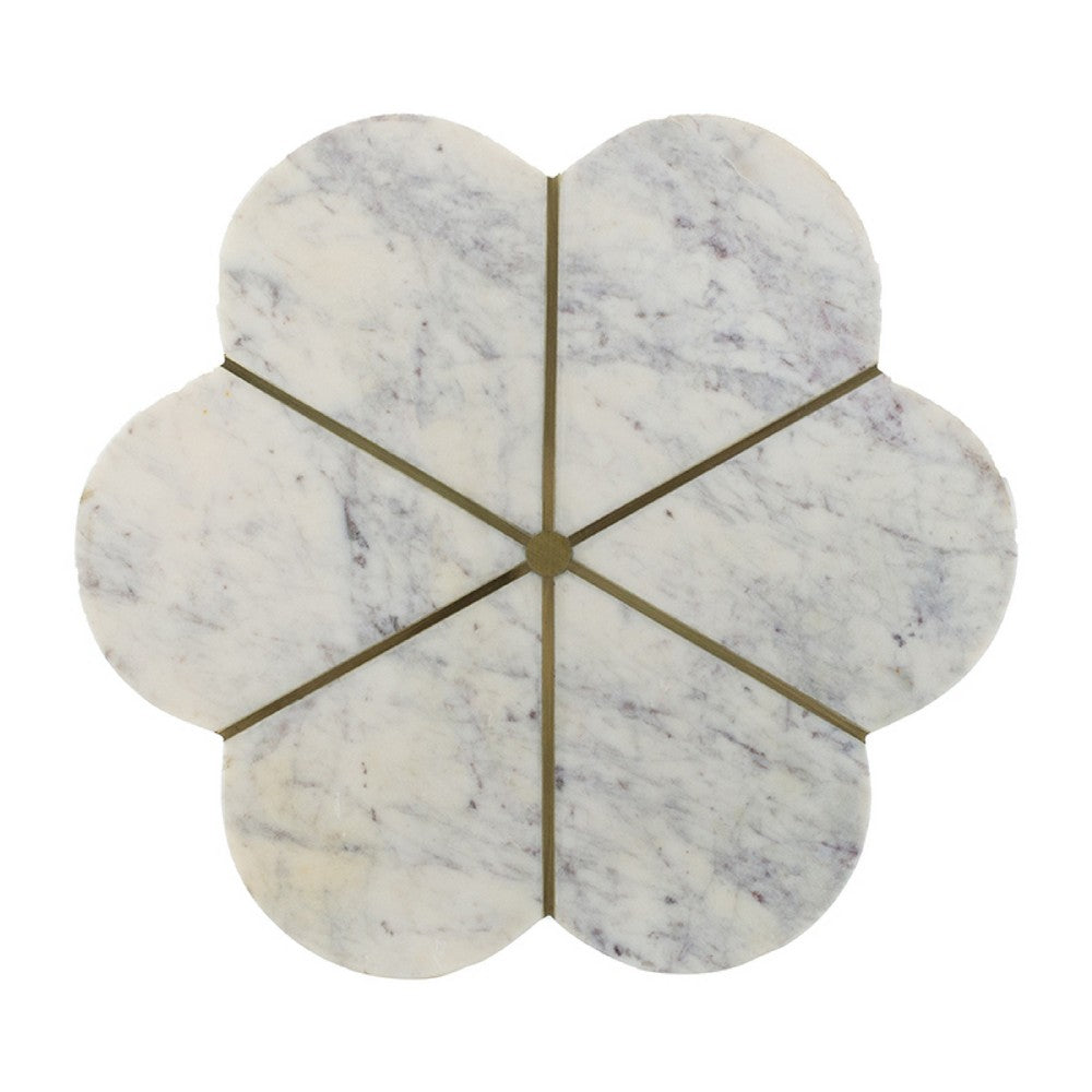 Gony Side End Table | 16" Flower Top | Brass Inlay | White Marble