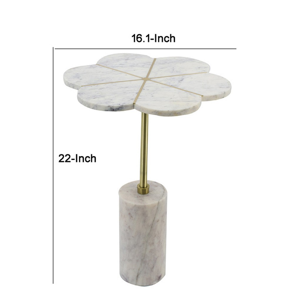 Gony Side End Table | 16" Flower Top | Brass Inlay | White Marble