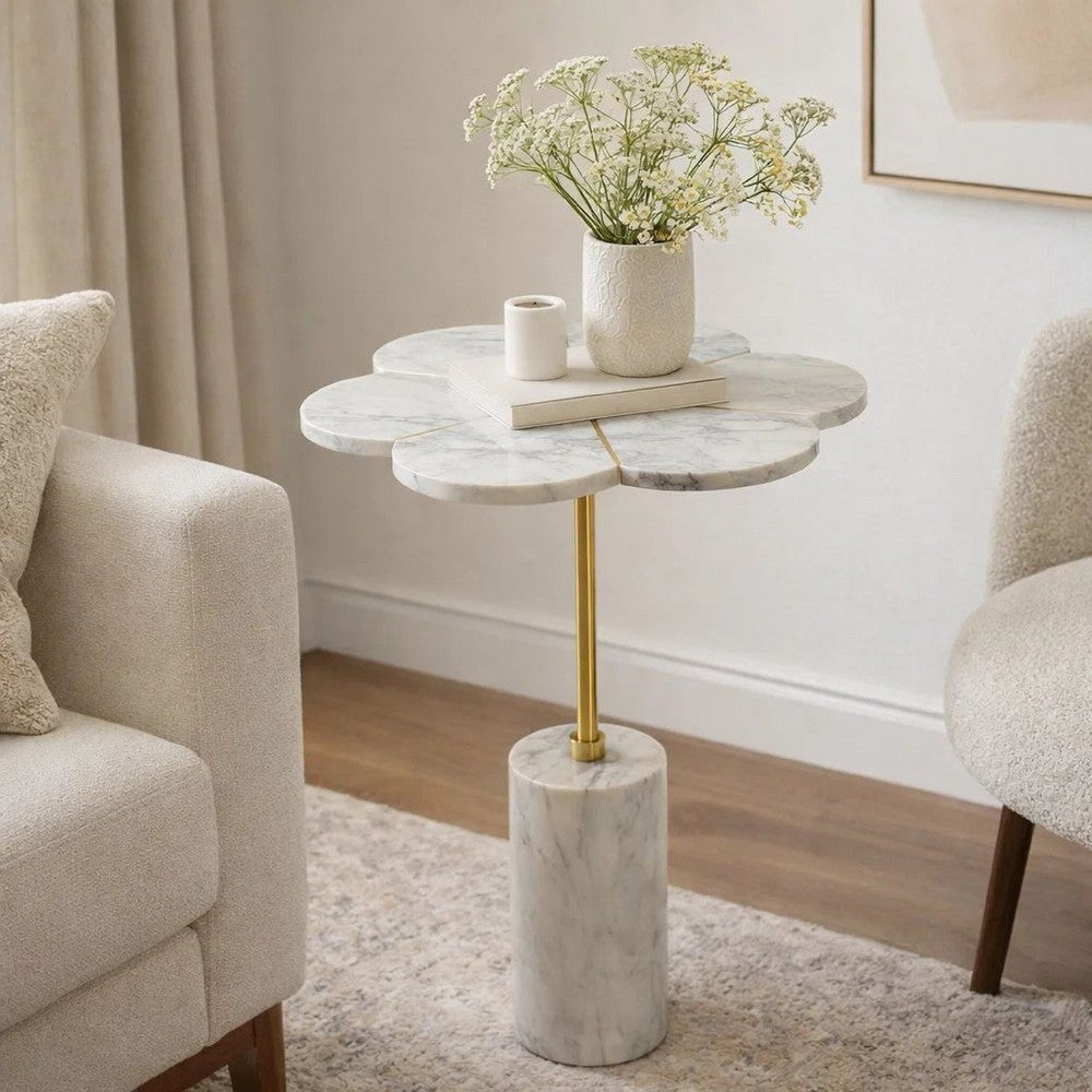Gony Side End Table | 16" Flower Top | Brass Inlay | White Marble