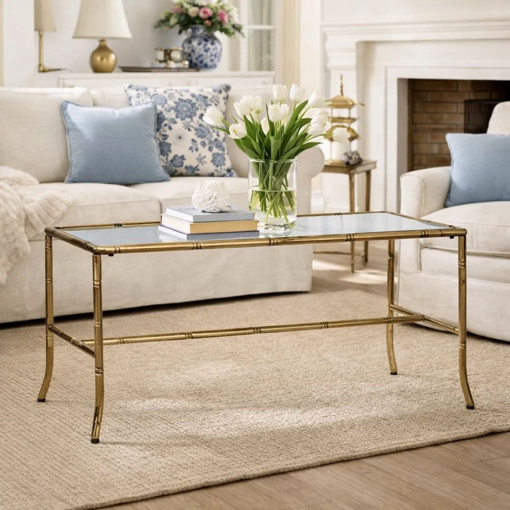 Coffee Table | 36" Rectangular Glass Top | Antique Gold Iron Frame