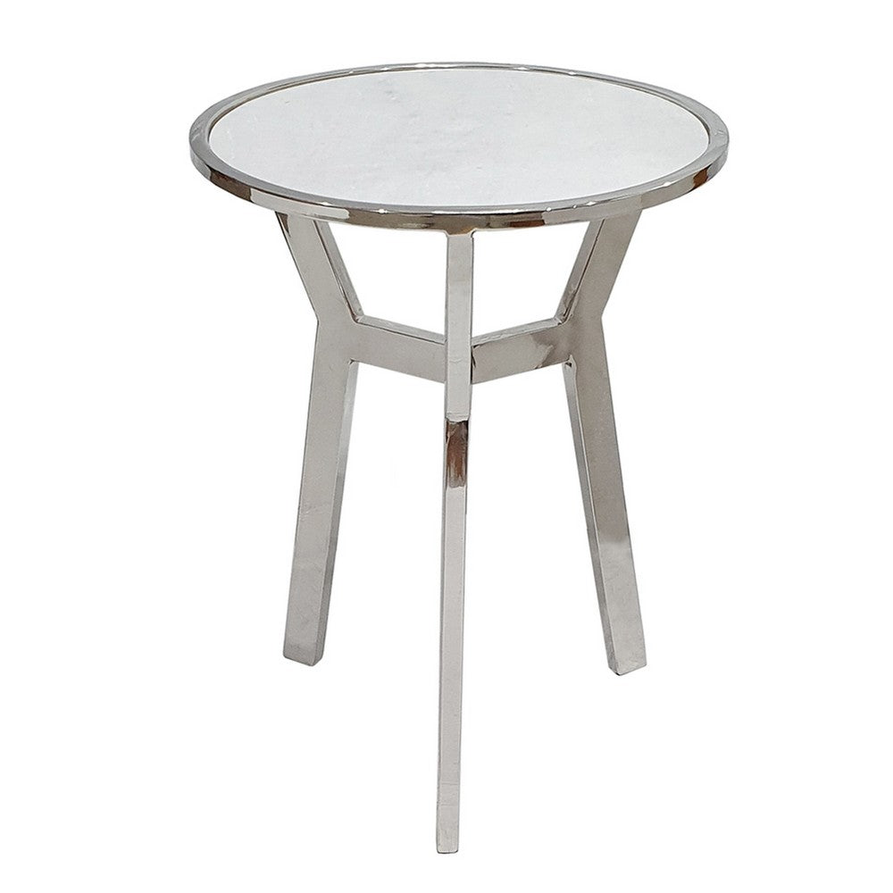 Side End Table | 18" Round White Marble Top | Silver Steel X Base
