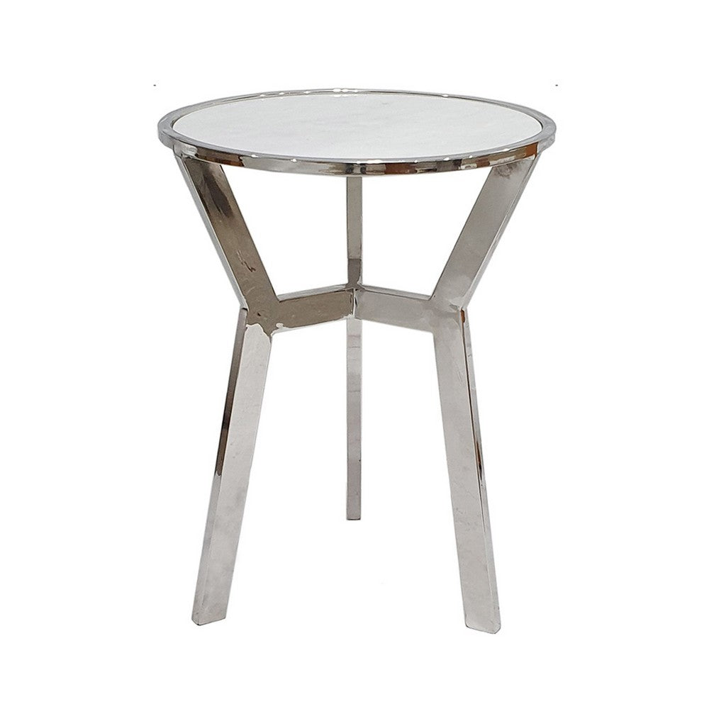 Side End Table | 18" Round White Marble Top | Silver Steel X Base