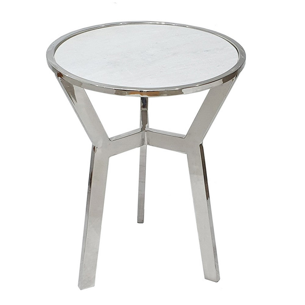 Side End Table | 18" Round White Marble Top | Silver Steel X Base