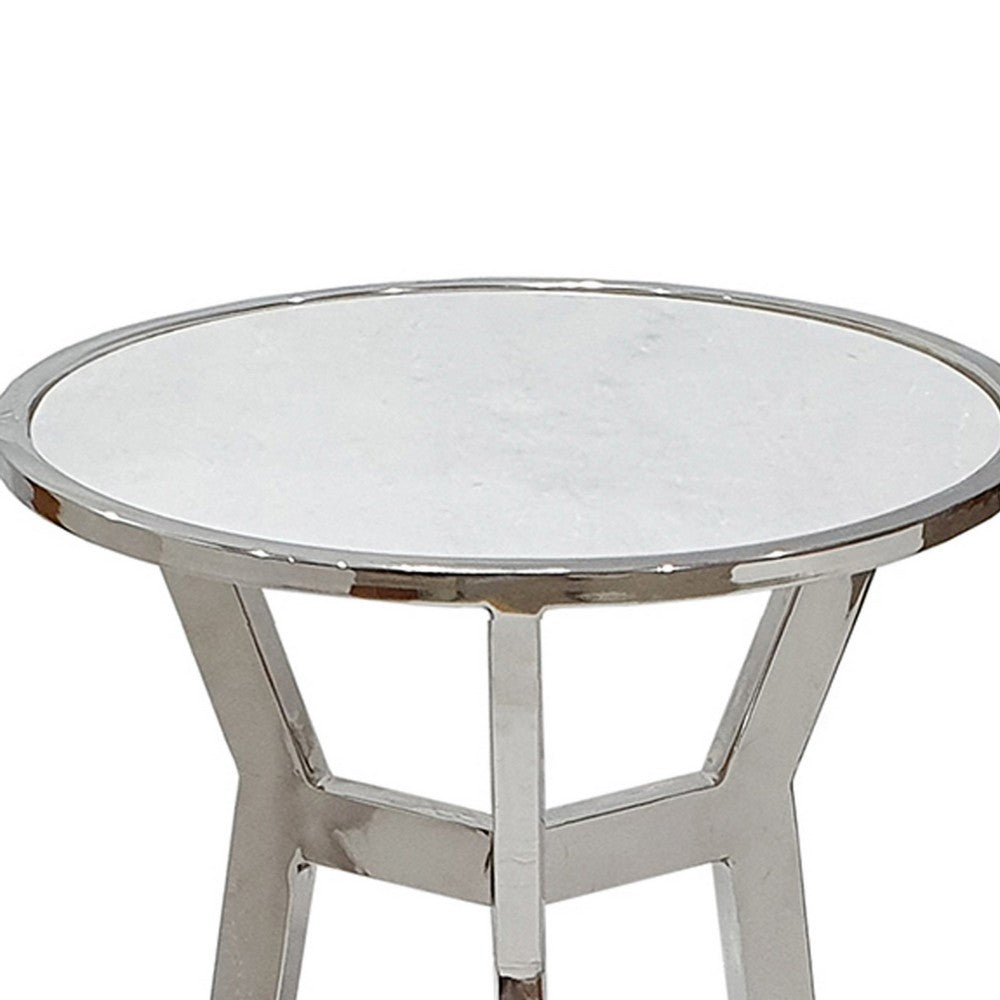 Side End Table | 18" Round White Marble Top | Silver Steel X Base