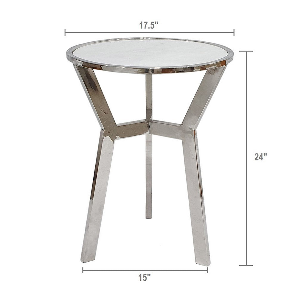 Side End Table | 18" Round White Marble Top | Silver Steel X Base